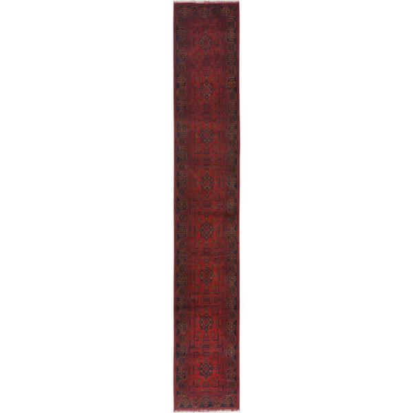 2'7"x15'8" Barn Red, Afghan Andkhoy with Geometric Pattern, Extra Soft Wool Hand Knotted, Runner Oriental Rug  - 85136