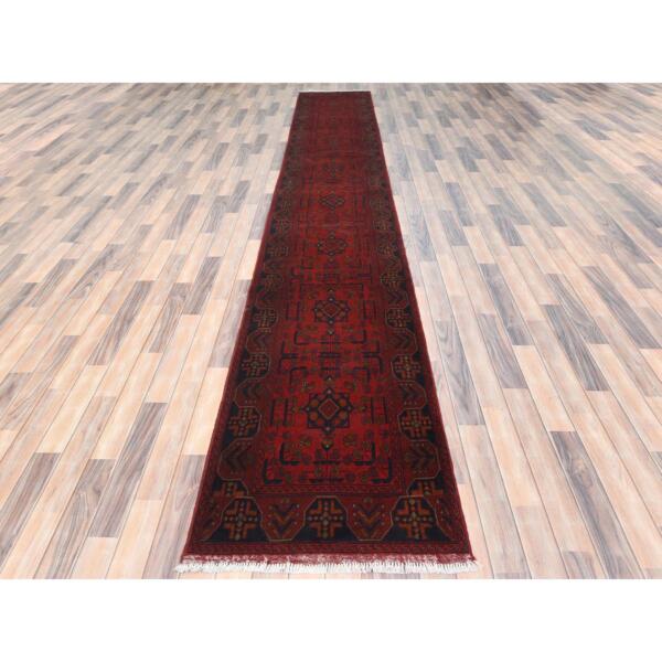 2'7"x15'8" Barn Red, Afghan Andkhoy with Geometric Pattern, Extra Soft Wool Hand Knotted, Runner Oriental Rug  - 85136 - Image 3