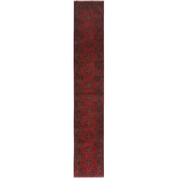 2'7"x15'6" Barn Red, Afghan Andkhoy with Geometric Pattern, Natural Wool Hand Knotted, Runner Oriental Rug  - 85137