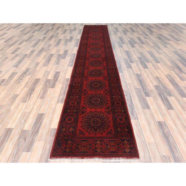 2'8"x15'5" Imperial Red, Afghan Andkhoy with Geometric Pattern, 100% Wool Hand Knotted, Runner Oriental Rug  - 85139 - Image 3