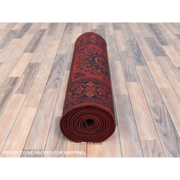 2'8"x15'5" Imperial Red, Afghan Andkhoy with Geometric Pattern, 100% Wool Hand Knotted, Runner Oriental Rug  - 85139 - Image 6