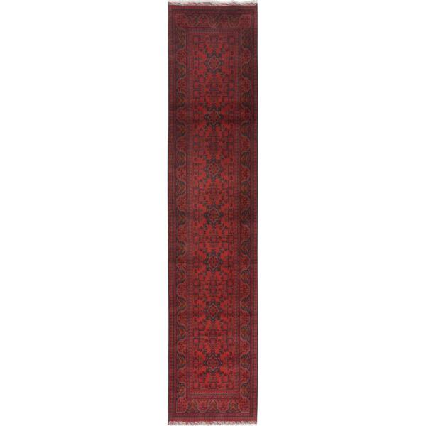 2'9"x12'6" Rose Red, Afghan Andkhoy with Geometric Pattern, Pure Wool Hand Knotted, Runner Oriental Rug  - 85140