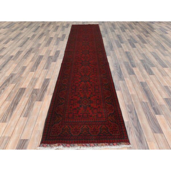 2'9"x12'6" Rose Red, Afghan Andkhoy with Geometric Pattern, Pure Wool Hand Knotted, Runner Oriental Rug  - 85140 - Image 3