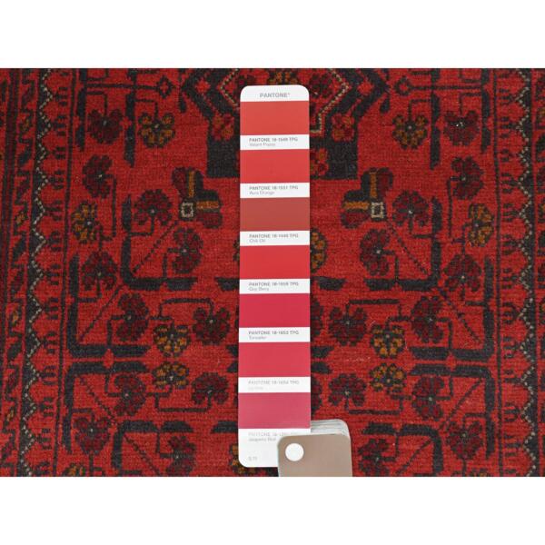 2'9"x12'6" Rose Red, Afghan Andkhoy with Geometric Pattern, Pure Wool Hand Knotted, Runner Oriental Rug  - 85140 - Image 5