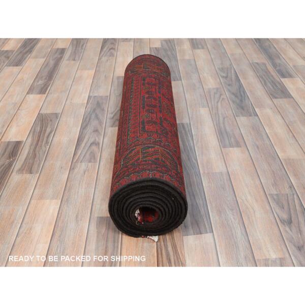 2'9"x12'6" Rose Red, Afghan Andkhoy with Geometric Pattern, Pure Wool Hand Knotted, Runner Oriental Rug  - 85140 - Image 6