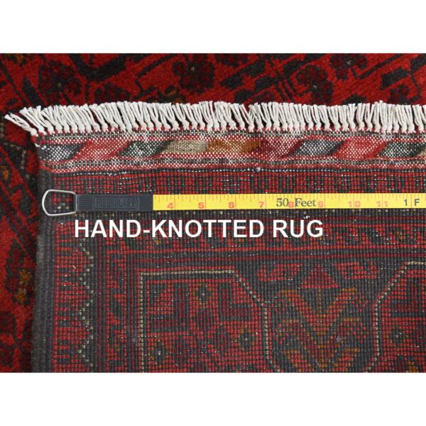 2'9"x12'6" Rose Red, Afghan Andkhoy with Geometric Pattern, Pure Wool Hand Knotted, Runner Oriental Rug  - 85140 - Image 8