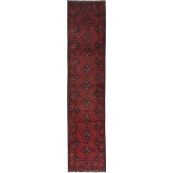 2'9"x12'7" Cherry Red, Afghan Andkhoy with Geometric Pattern, Organic Wool Hand Knotted, Runner Oriental Rug  - 85144