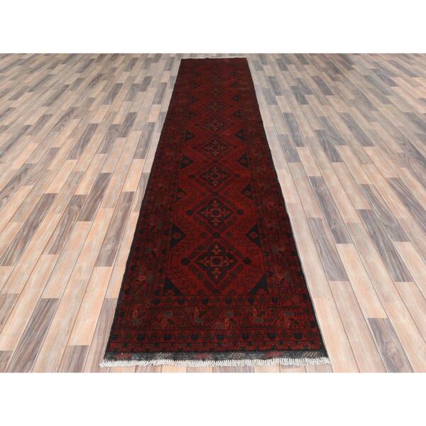 2'9"x12'7" Cherry Red, Afghan Andkhoy with Geometric Pattern, Organic Wool Hand Knotted, Runner Oriental Rug  - 85144 - Image 3