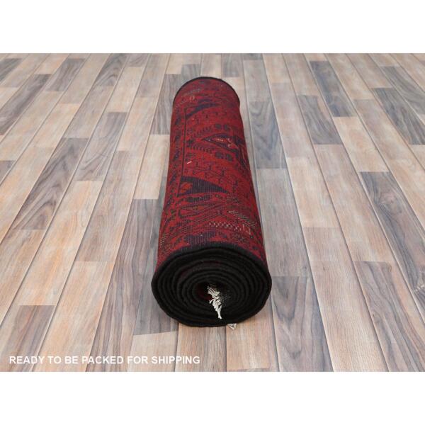 2'9"x12'7" Cherry Red, Afghan Andkhoy with Geometric Pattern, Organic Wool Hand Knotted, Runner Oriental Rug  - 85144 - Image 6