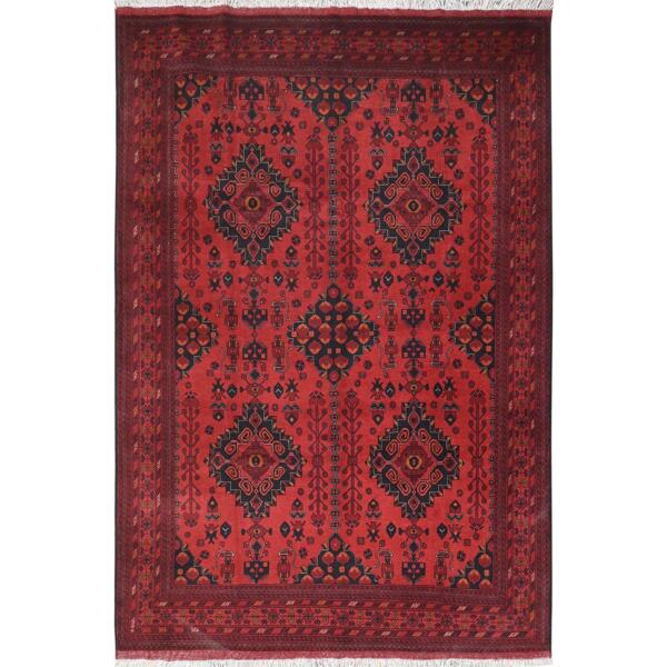 6'8"x9'6" Crimson Red, Afghan Andkhoy with Geometric Motif, Natural Wool, Hand Knotted Oriental Rug  - 85191