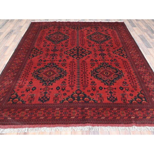 6'8"x9'6" Crimson Red, Afghan Andkhoy with Geometric Motif, Natural Wool, Hand Knotted Oriental Rug  - 85191 - Image 4