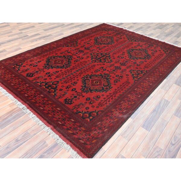 6'8"x9'6" Crimson Red, Afghan Andkhoy with Geometric Motif, Natural Wool, Hand Knotted Oriental Rug  - 85191 - Image 5