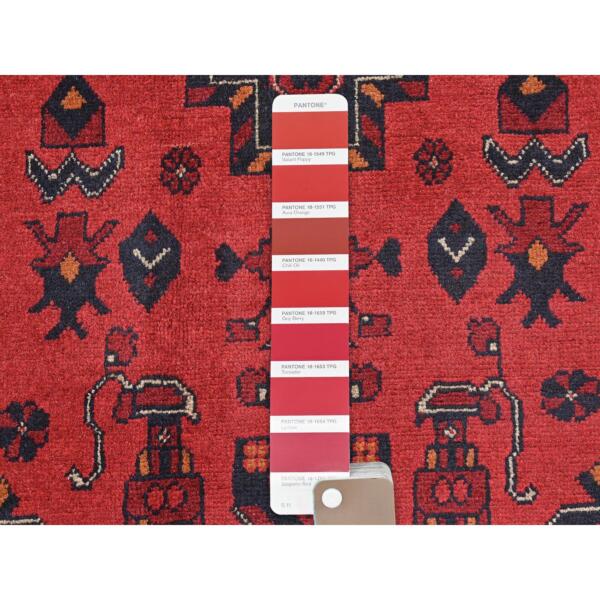 6'8"x9'6" Crimson Red, Afghan Andkhoy with Geometric Motif, Natural Wool, Hand Knotted Oriental Rug  - 85191 - Image 9