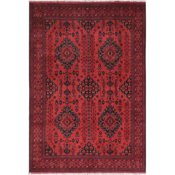 6'8"x9'7" Crimson Red, Afghan Andkhoy with Geometric Pattern, 100% Wool, Hand Knotted Oriental Rug  - 85193