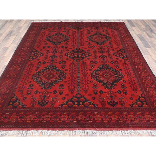 6'8"x9'7" Crimson Red, Afghan Andkhoy with Geometric Pattern, 100% Wool, Hand Knotted Oriental Rug  - 85193 - Image 4