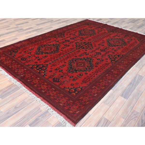 6'8"x9'7" Crimson Red, Afghan Andkhoy with Geometric Pattern, 100% Wool, Hand Knotted Oriental Rug  - 85193 - Image 5