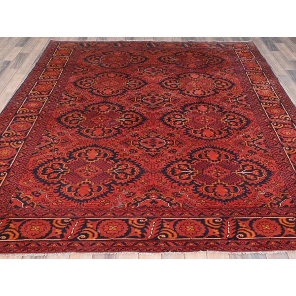 6'9"x9'4" Candy Red, Afghan Andkhoy with Rosette Design, Soft Wool, Hand Knotted Oriental Rug  - 85195 - Image 4