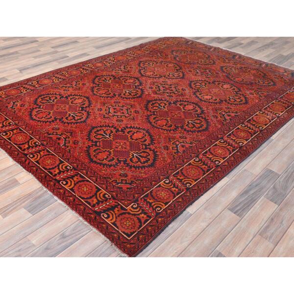 6'9"x9'4" Candy Red, Afghan Andkhoy with Rosette Design, Soft Wool, Hand Knotted Oriental Rug  - 85195 - Image 5