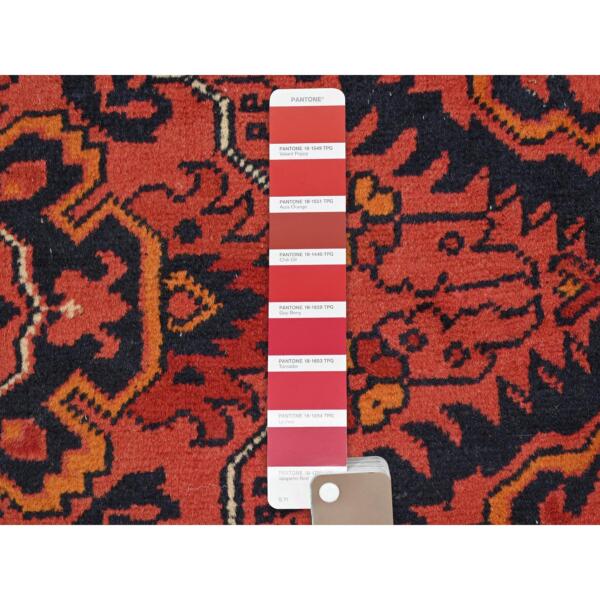 6'9"x9'4" Candy Red, Afghan Andkhoy with Rosette Design, Soft Wool, Hand Knotted Oriental Rug  - 85195 - Image 9