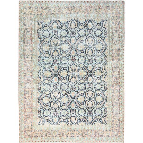 11'7"x15'9" Yale Blue, Vintage Persian Kerman with All Over Flower and Branch Design, Pure Wool, Hand Knotted, Evenly Worn, Cleaned with Sides and Edges Professionally Secured, Oversized Oriental Rug  - 85272