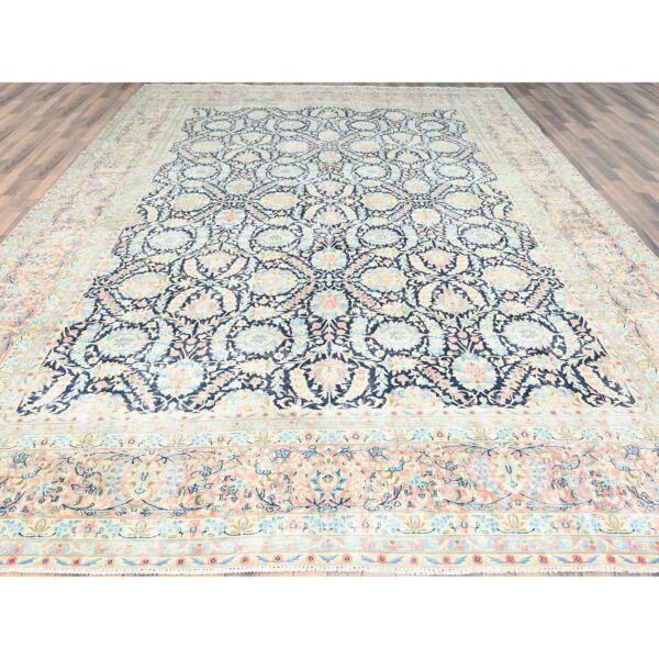 11'7"x15'9" Yale Blue, Vintage Persian Kerman with All Over Flower and Branch Design, Pure Wool, Hand Knotted, Evenly Worn, Cleaned with Sides and Edges Professionally Secured, Oversized Oriental Rug  - 85272 - Image 4