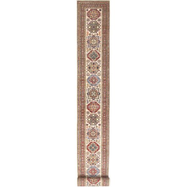 2'8"x35'7" Pearl White, Afghan Super Kazak  with Geometric Medallion Design, Natural Dyes, Dense Weave, Pure Wool, XL Runner Oriental Rug  - 85290