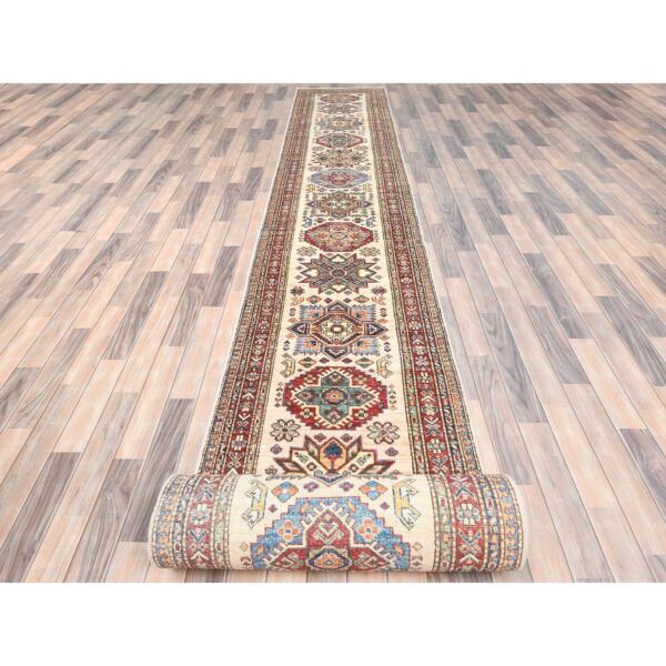 2'8"x35'7" Pearl White, Afghan Super Kazak  with Geometric Medallion Design, Natural Dyes, Dense Weave, Pure Wool, XL Runner Oriental Rug  - 85290 - Image 3